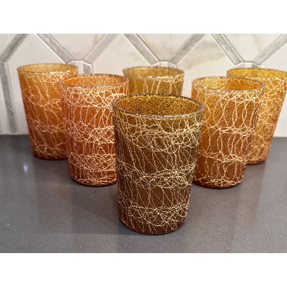 Vintage MCM 1960's Hazel Atlas Spaghetti String  Tumblers Brown 6pm Juice Glass